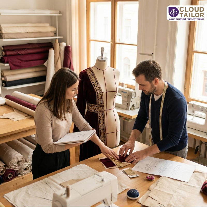 Custom-tailoring experts discussing fabric design and measurements in a tailoring workshop.