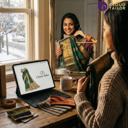 Woman styling a saree with a warm sweater for a creative winter wear for women look.