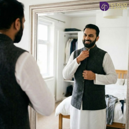 "Smiling man adjusting a grey waistcoat suited for winter wear for men".