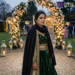 Green velvet lehenga and shawl styling for winter wedding outfits and winter dresses for wedding.
